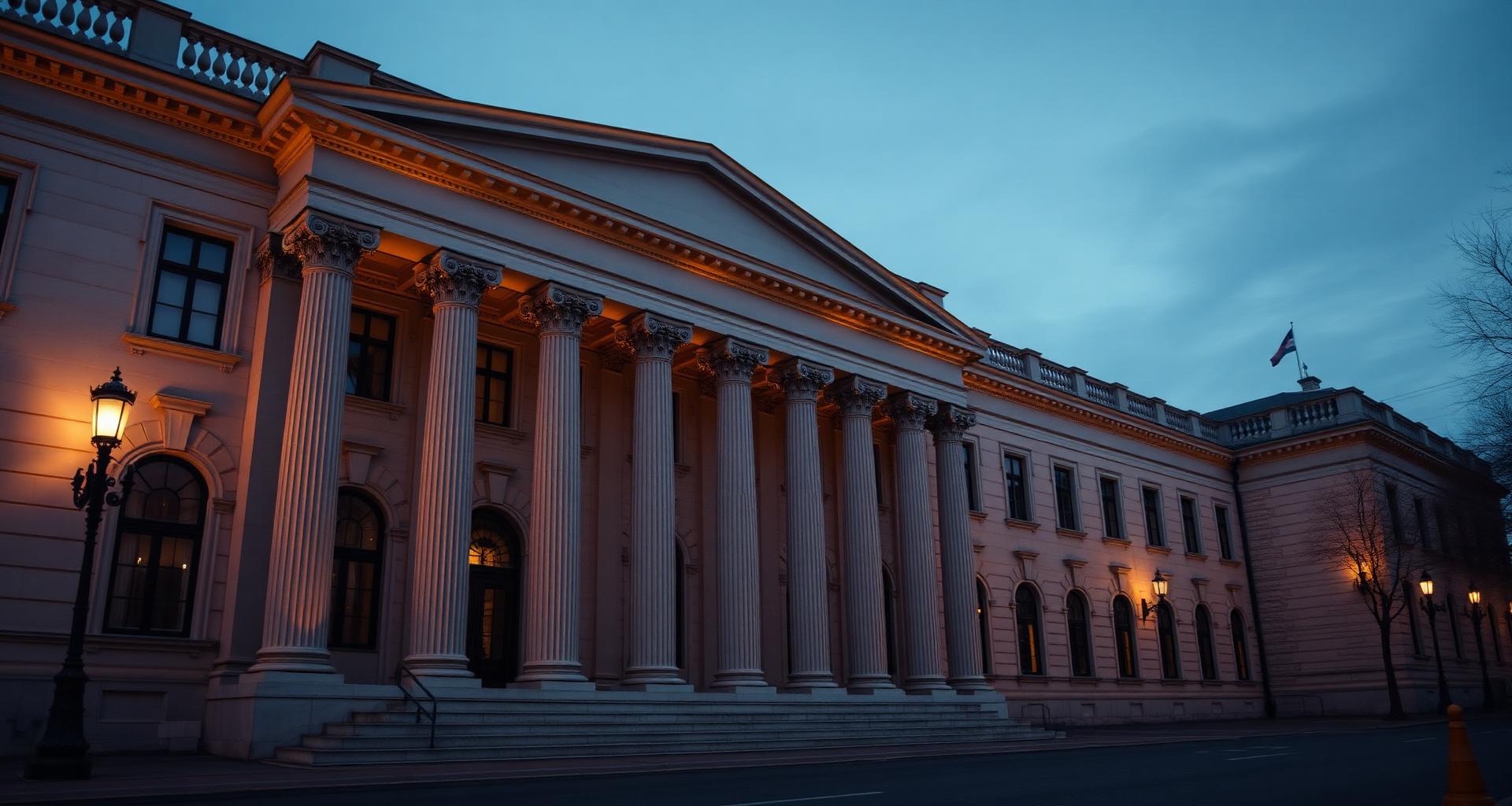 Neoclassical judicial palace facade at dusk